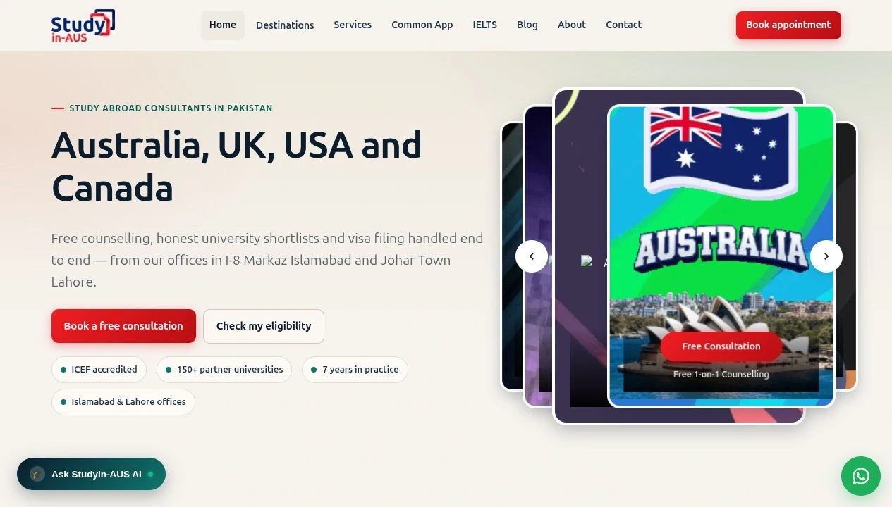 Live studyin-aus.com homepage captured on 31 October 2026